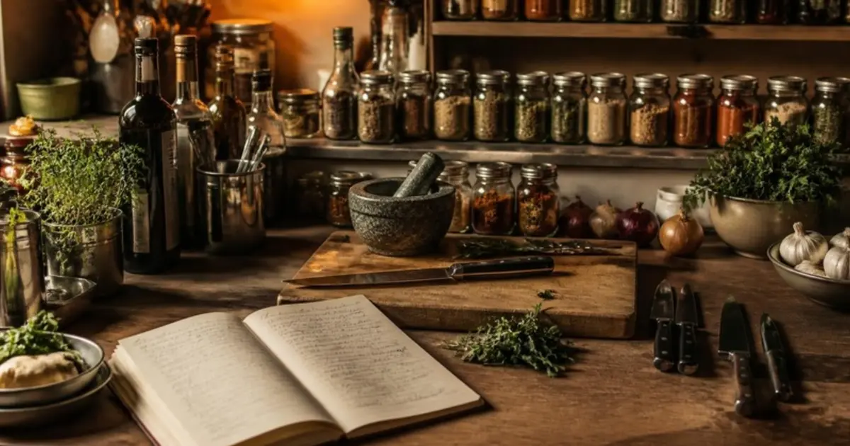 Cook desk with recipe cards for gourmet food recipes